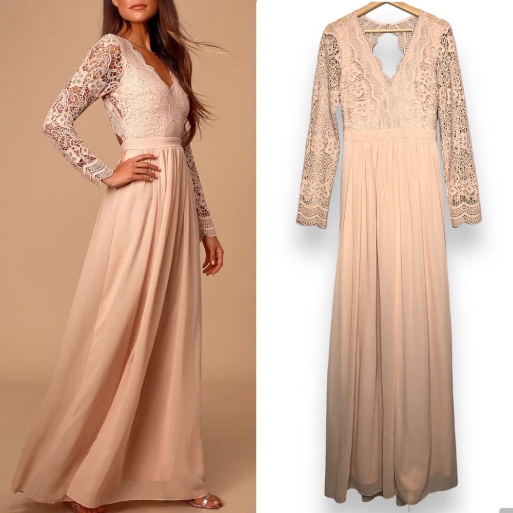 Lulus Gown Long Sleeve Lace evening Maxi Dress M Blush beige Open Back V Neck